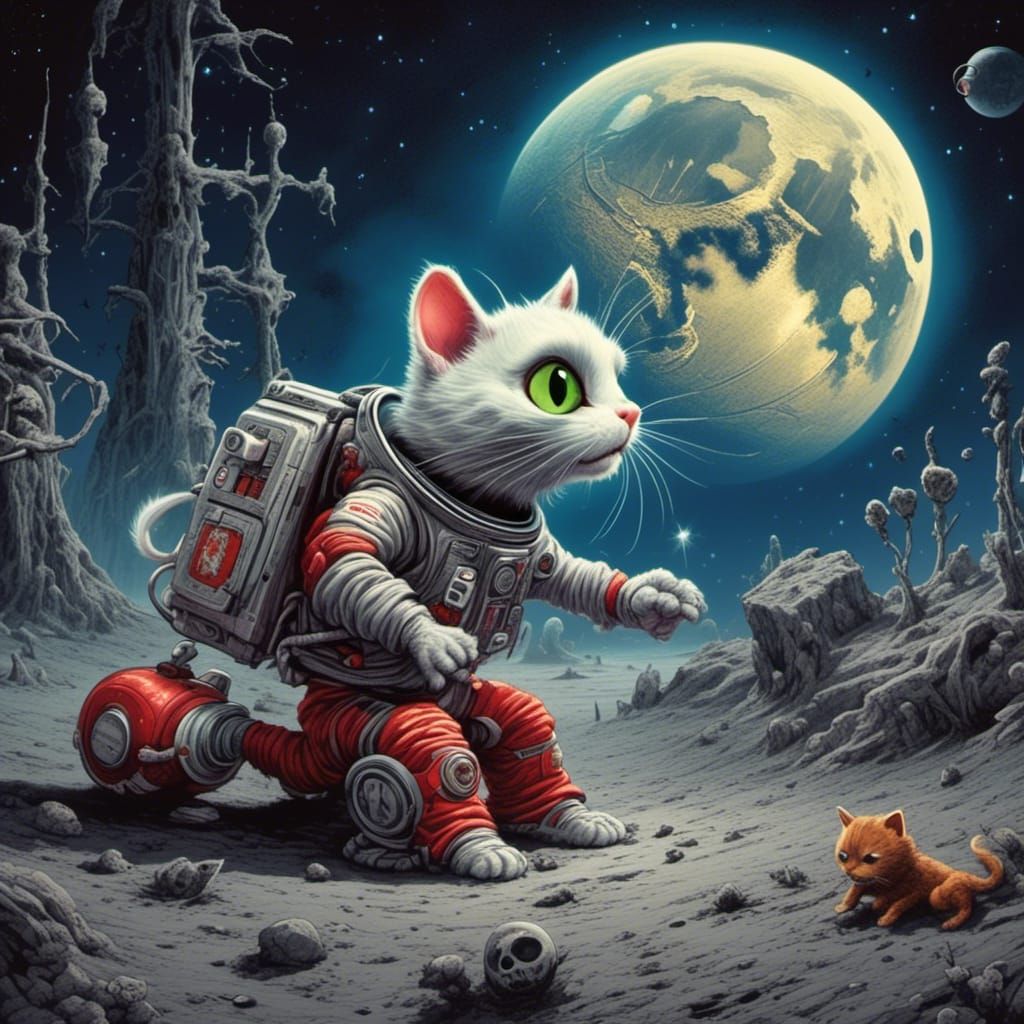 Ratfink Cat and Mouse on the Moon in Ed Roth Style