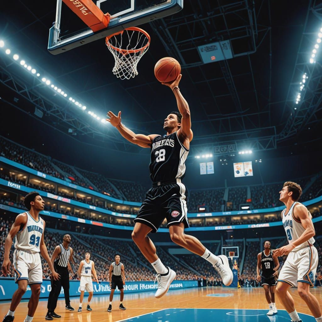 Athlete in Mid-Air Slam Dunk