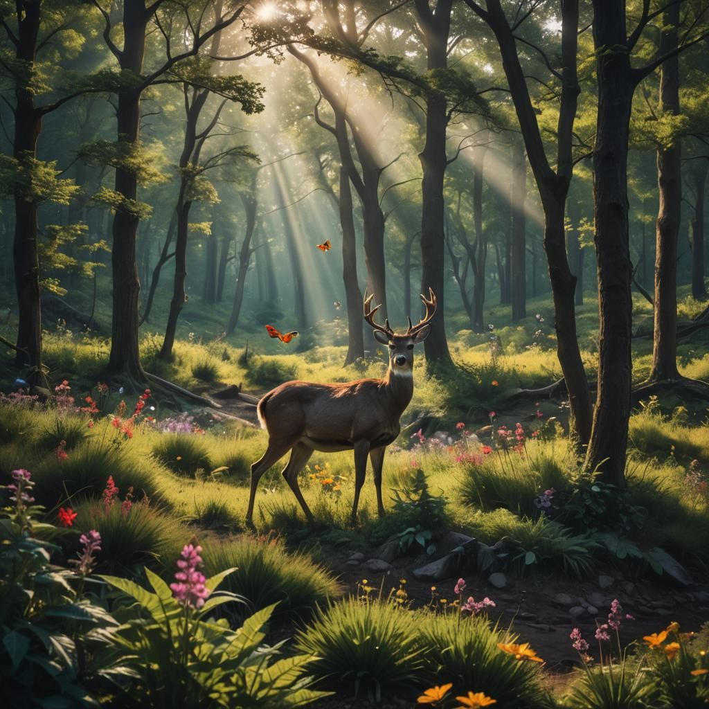 Scenic Forest Landscape with Deer in Sunlight