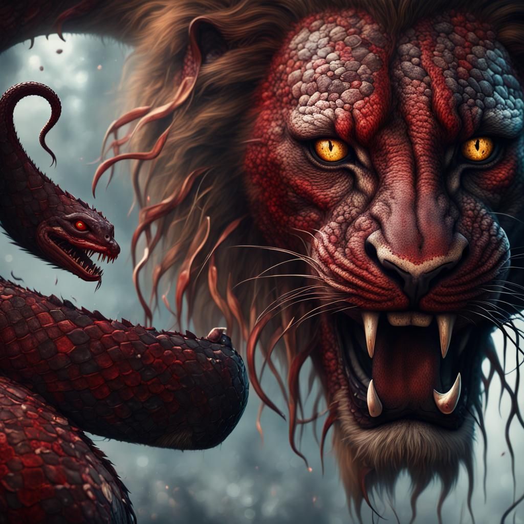 Menacing Lion with Snake Features in Matte Painting