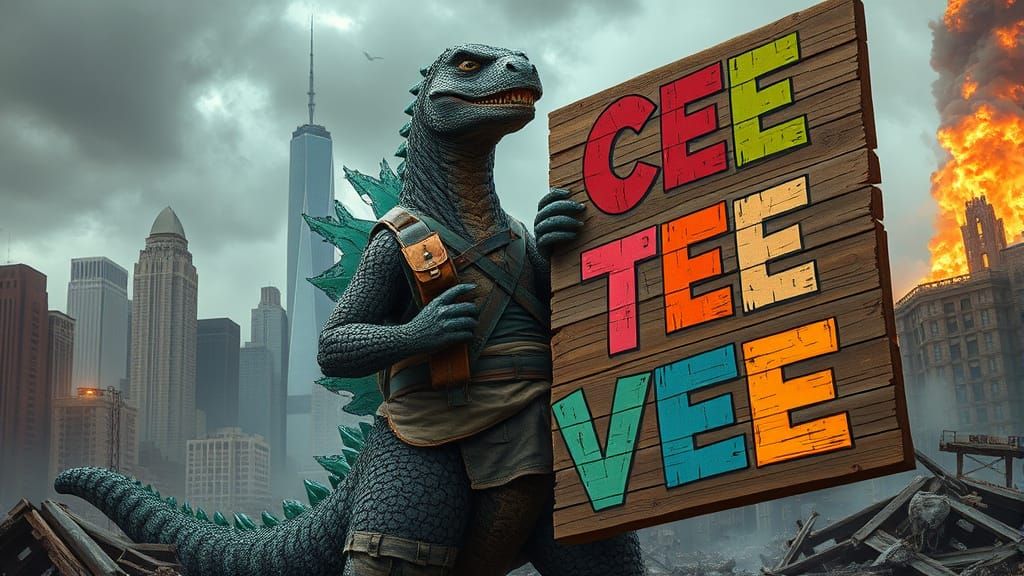 Godzilla's Quirky Advertisement in Hyperrealistic Style