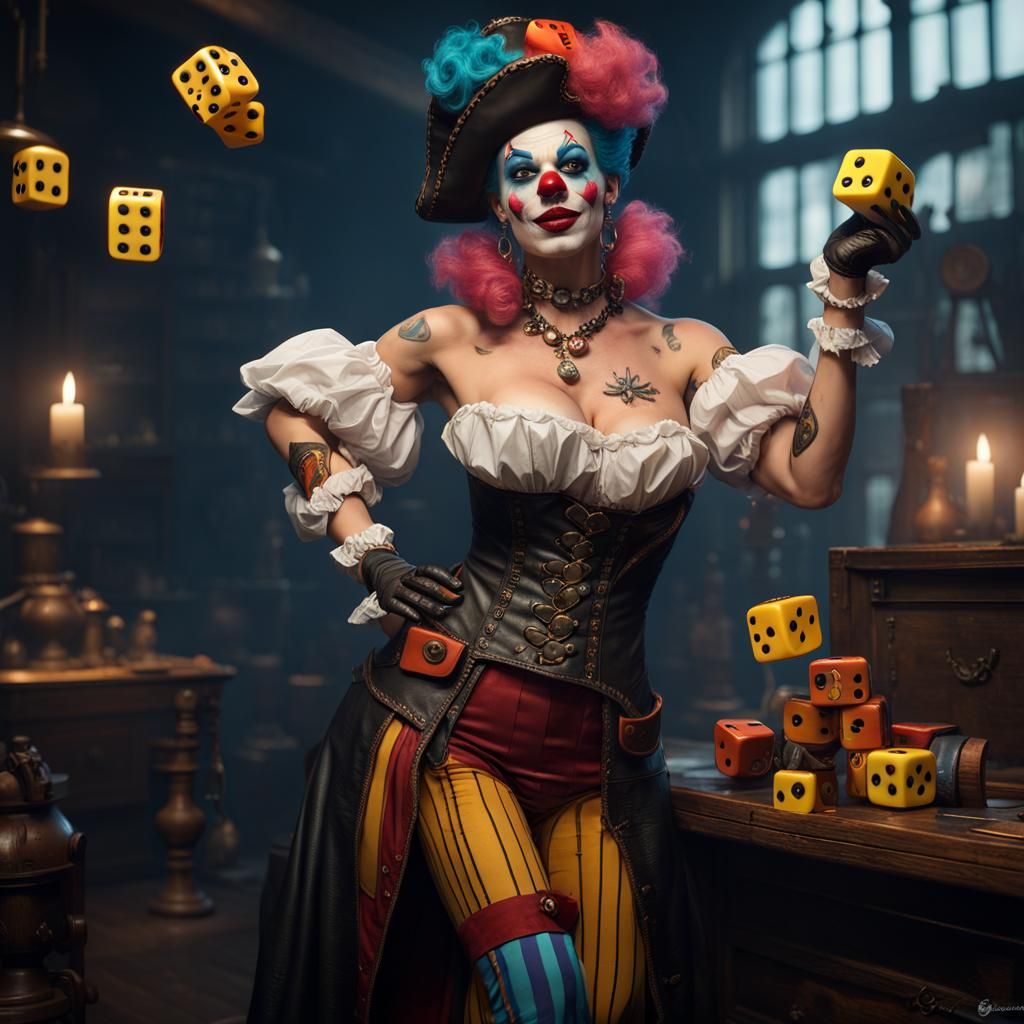 Hyper Feminine Pirate Clown Juggling Dice, Photorealistic 8K