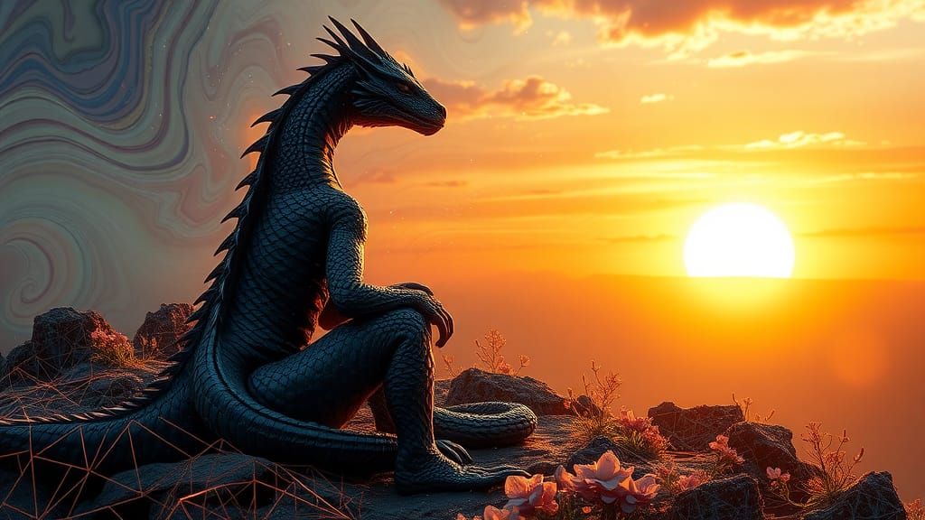 Dragon Kneeling by Glowing Plant at Sunset