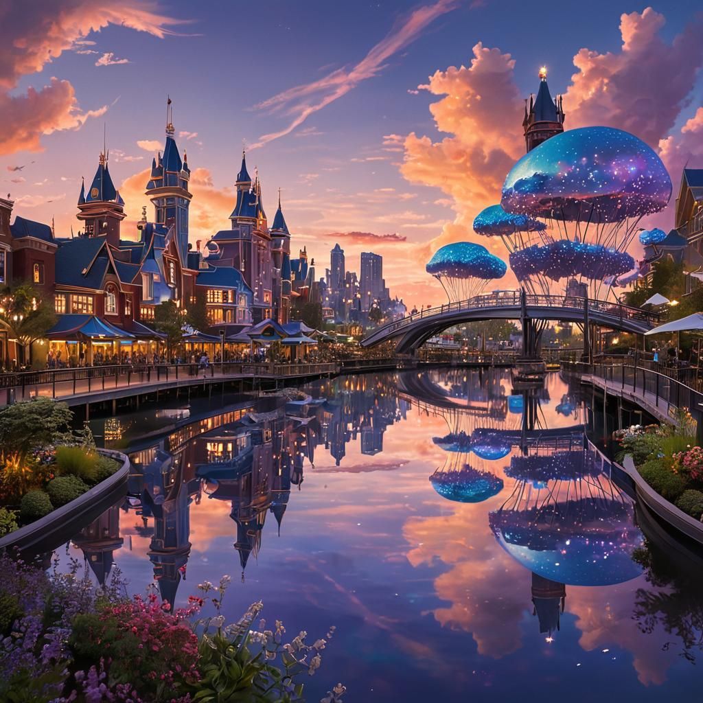 Iridescent Aerial City at Dusk in Animated Style