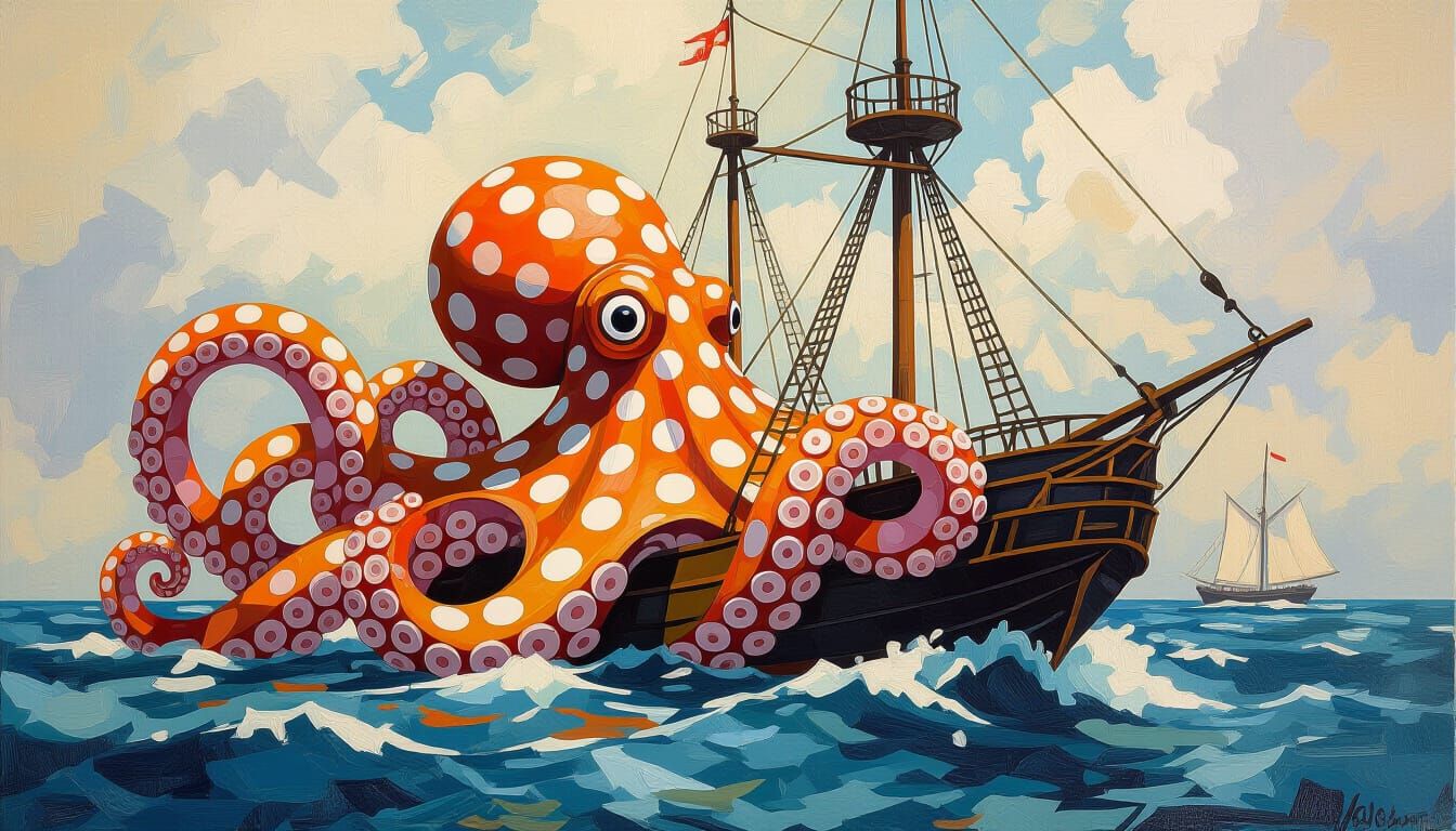 Giant Polka Dot Octopus Attacks Ship in Gouache Masterpiece