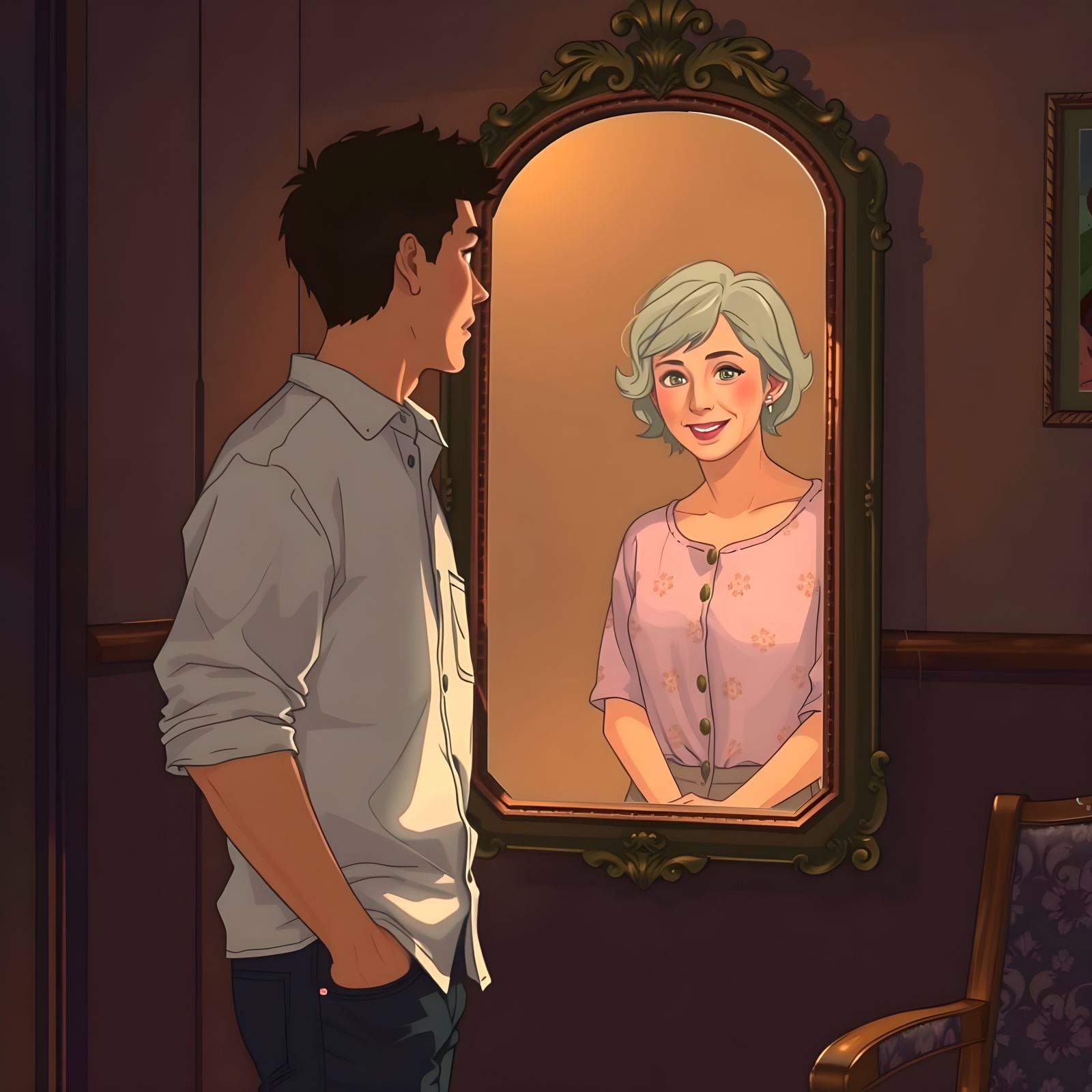 A Man's Gentle Moment with His Mother's Fading Reflection