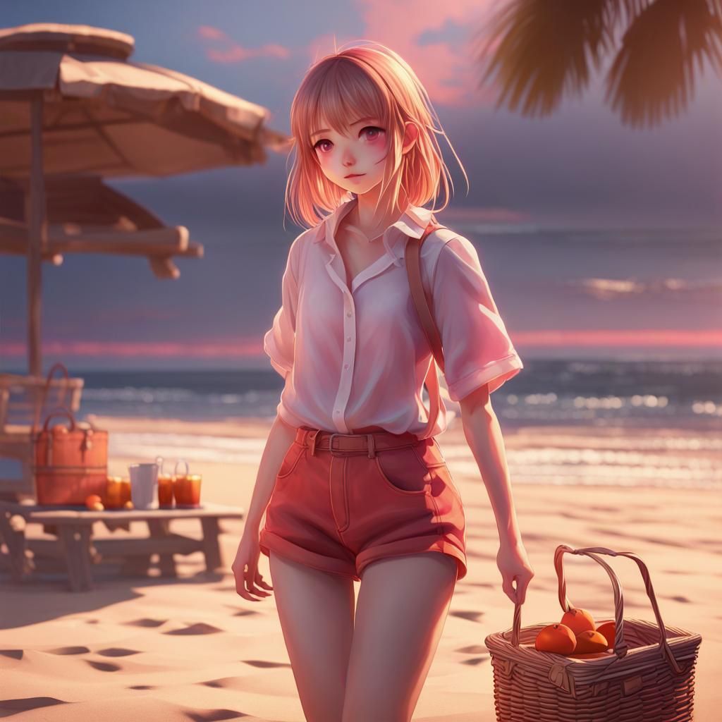 Anime Girl on Beach at Sunset in 3D