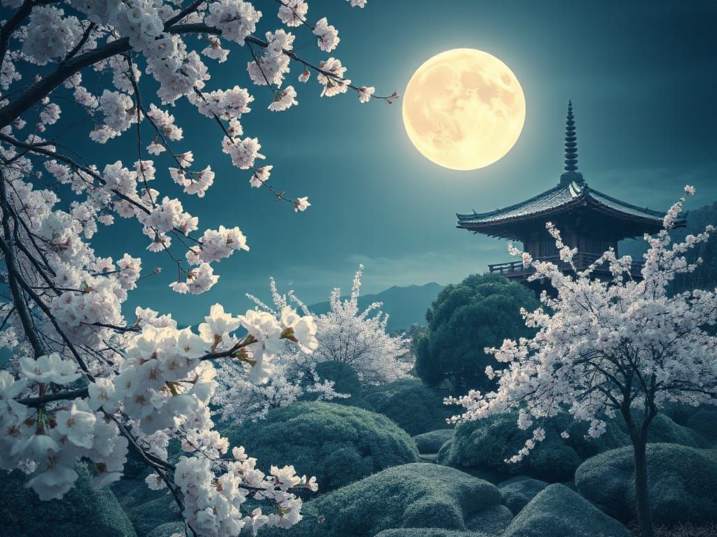 Moonlit Japanese Garden with Blossoms in Ukiyo-e Style