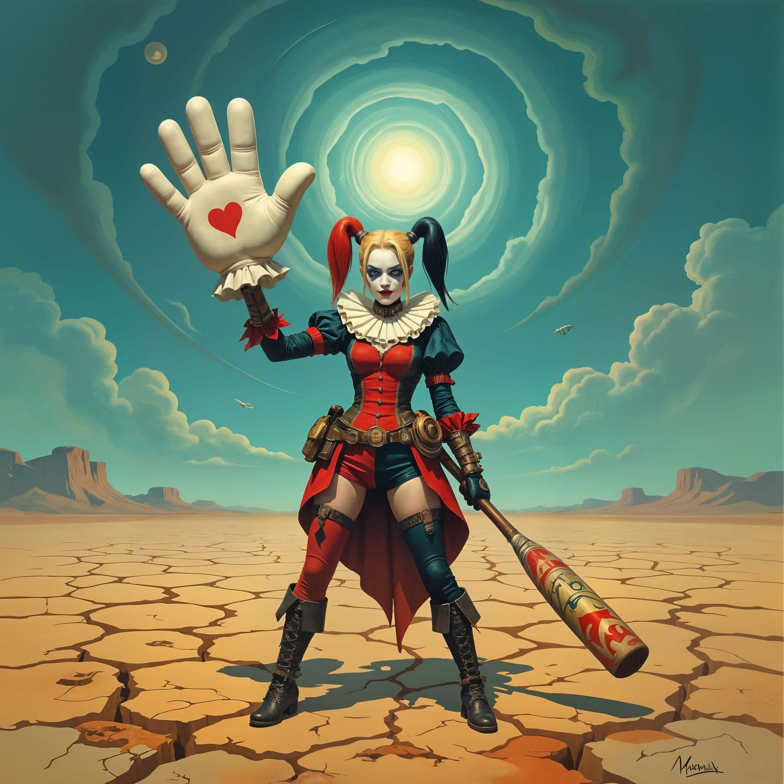 Harley Quinn with Foam Hand in Surreal Steampunk Landscape