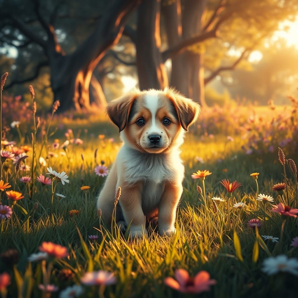Fantastical Puppy in Vibrant Meadow Landscape