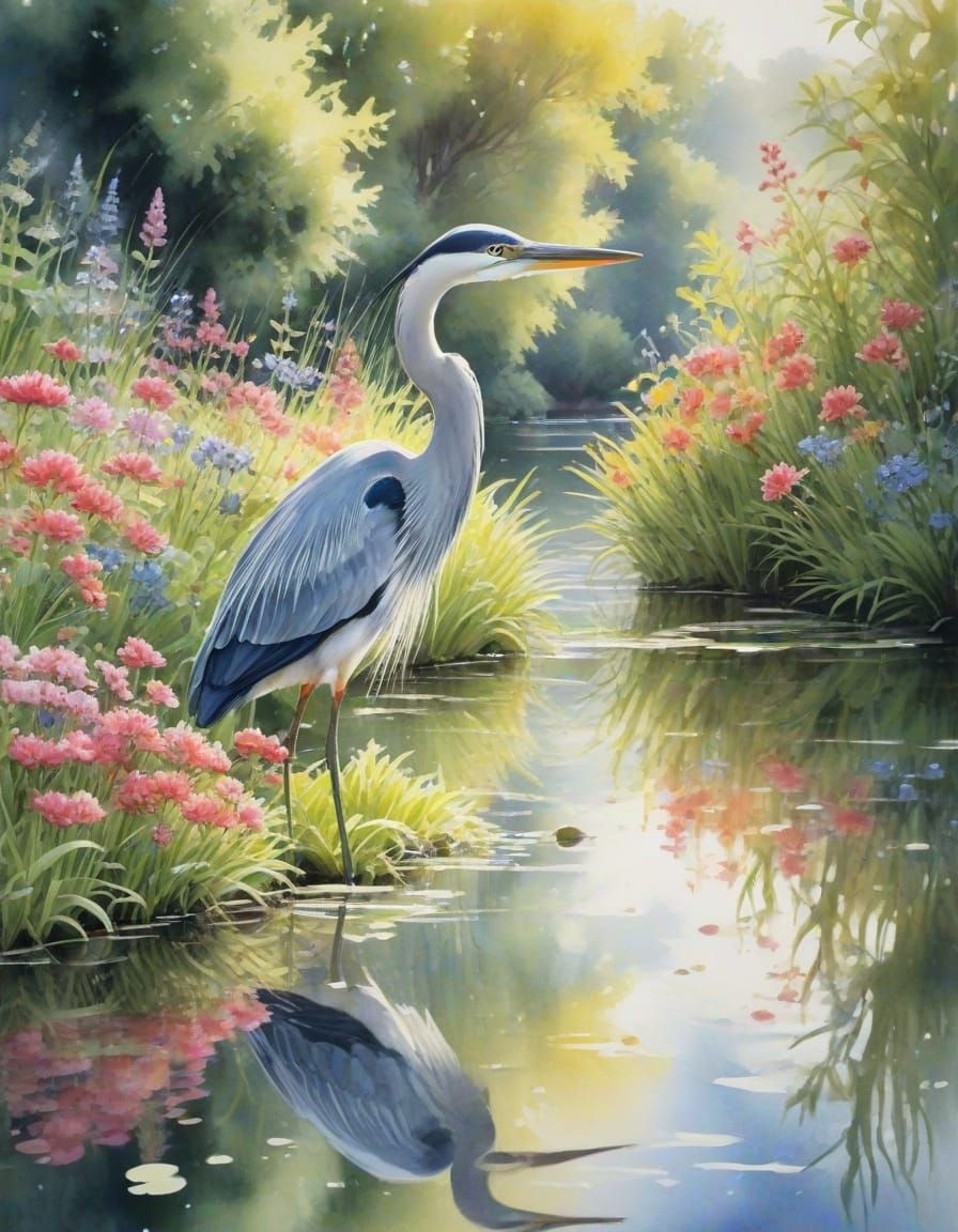Heron Reflected in Sunlit River Garden: Watercolor