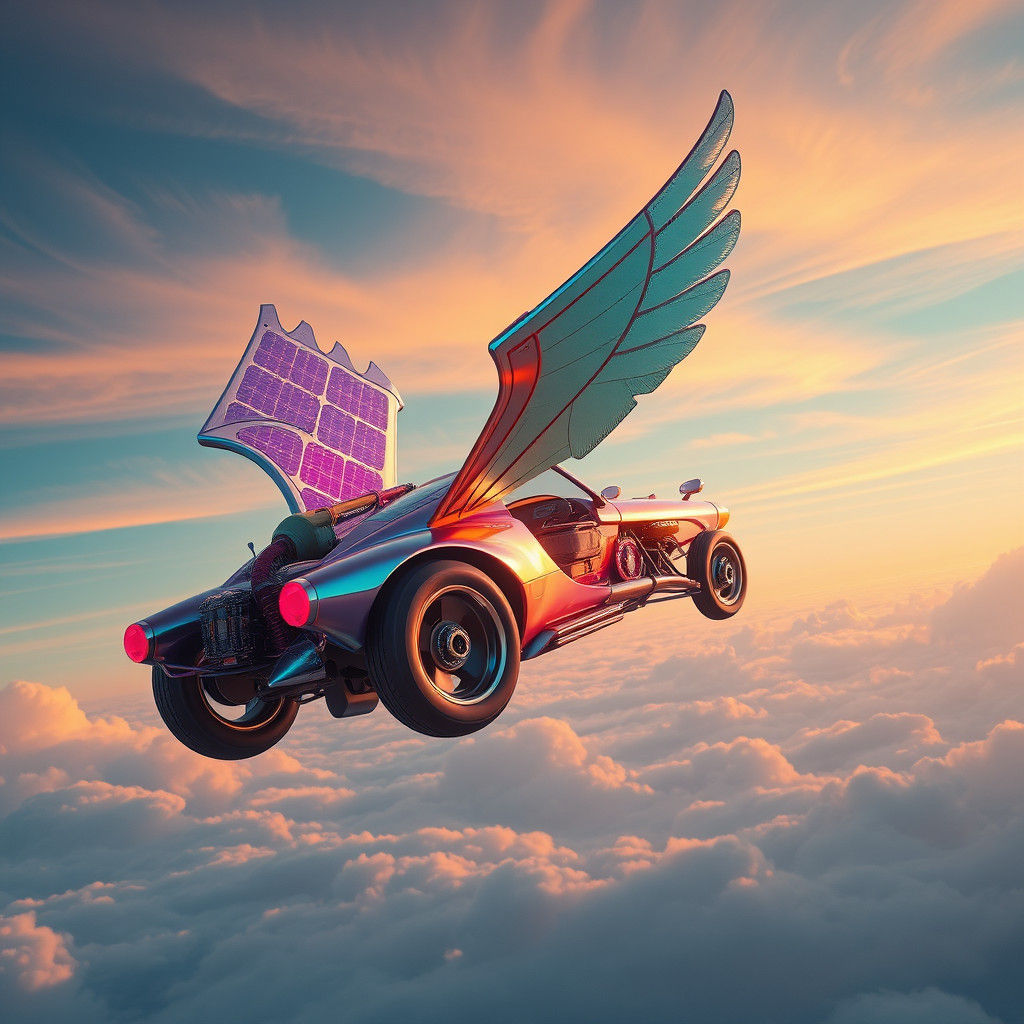 Winged Solar Car in Dystopian Landscape, 8K