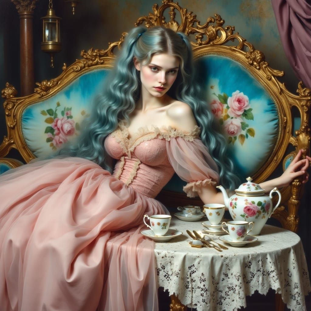 Elegant Woman with Azure Hair in Rococo Style