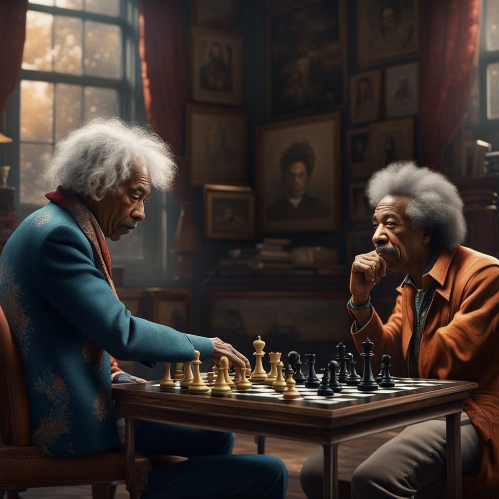 Einstein and Hendrix Play Chess: Detailed Fantasy Art