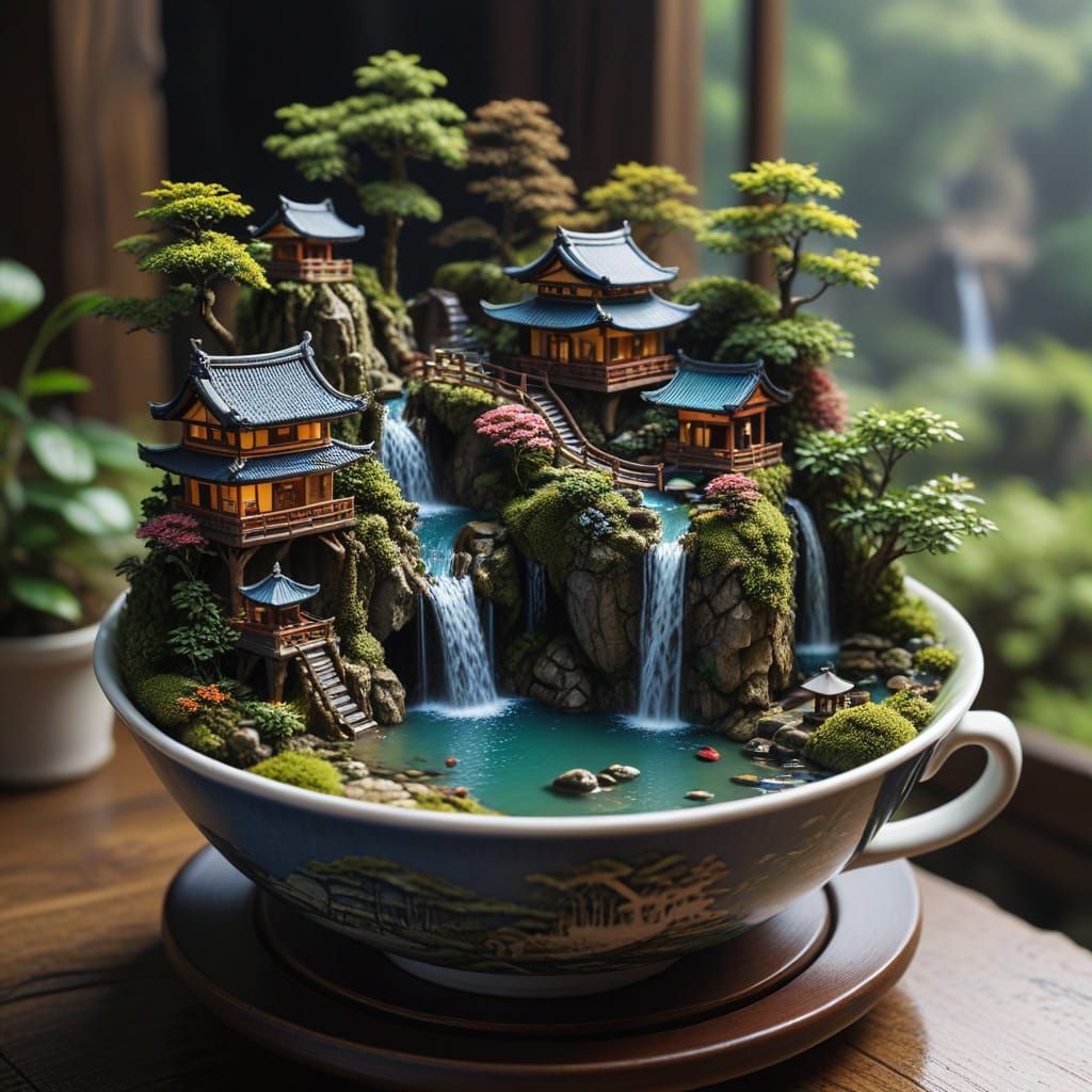 Miniature Japanese Village Waterfall Inside a Teacup