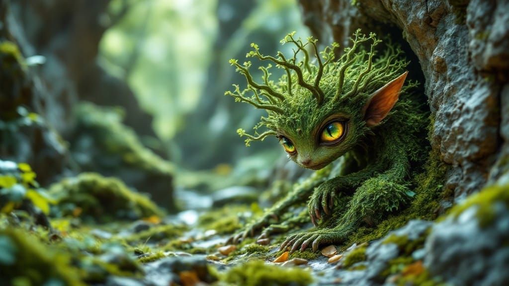 Whimsical Lichen-Covered Tree Creature in Emerald Light