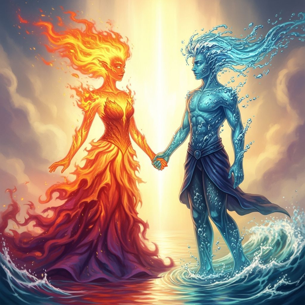 Fire and Water Elementals Embrace in Dreamlike Landscape