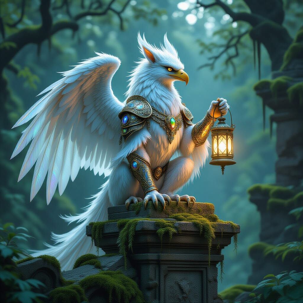 Iridescent Gryphon Perched on Ancient Ruin