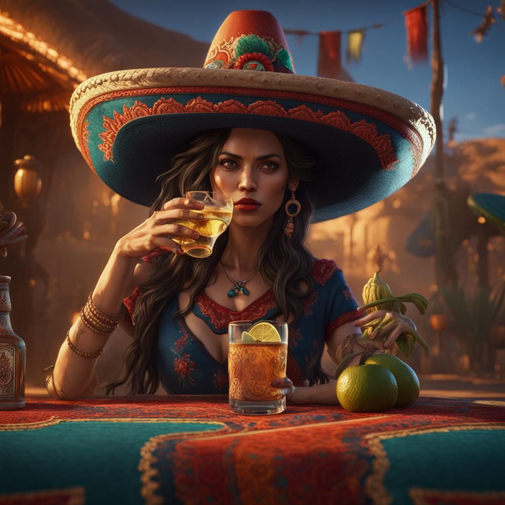 Mexican Woman with Tequila, Detailed Digital Painting