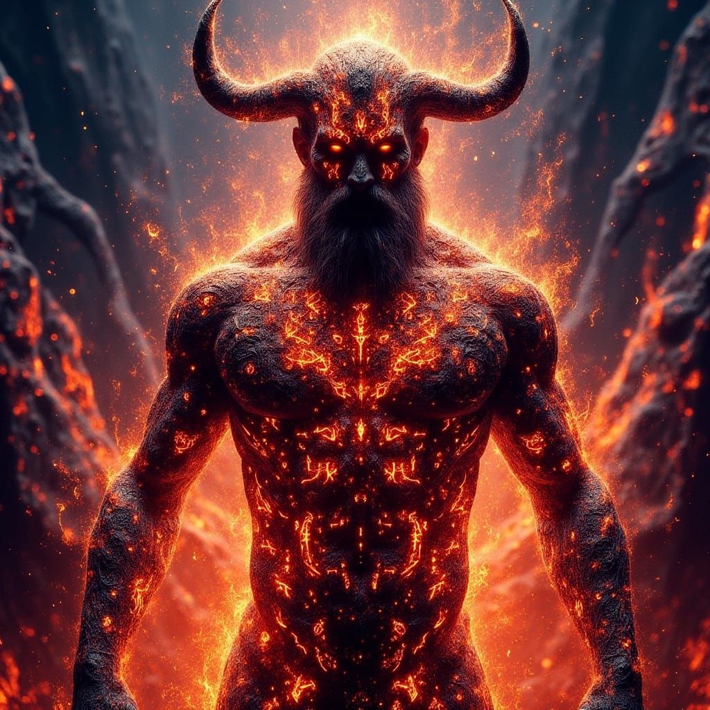 Nordic Fire Giant in Lava Landscape, Watercolor Style