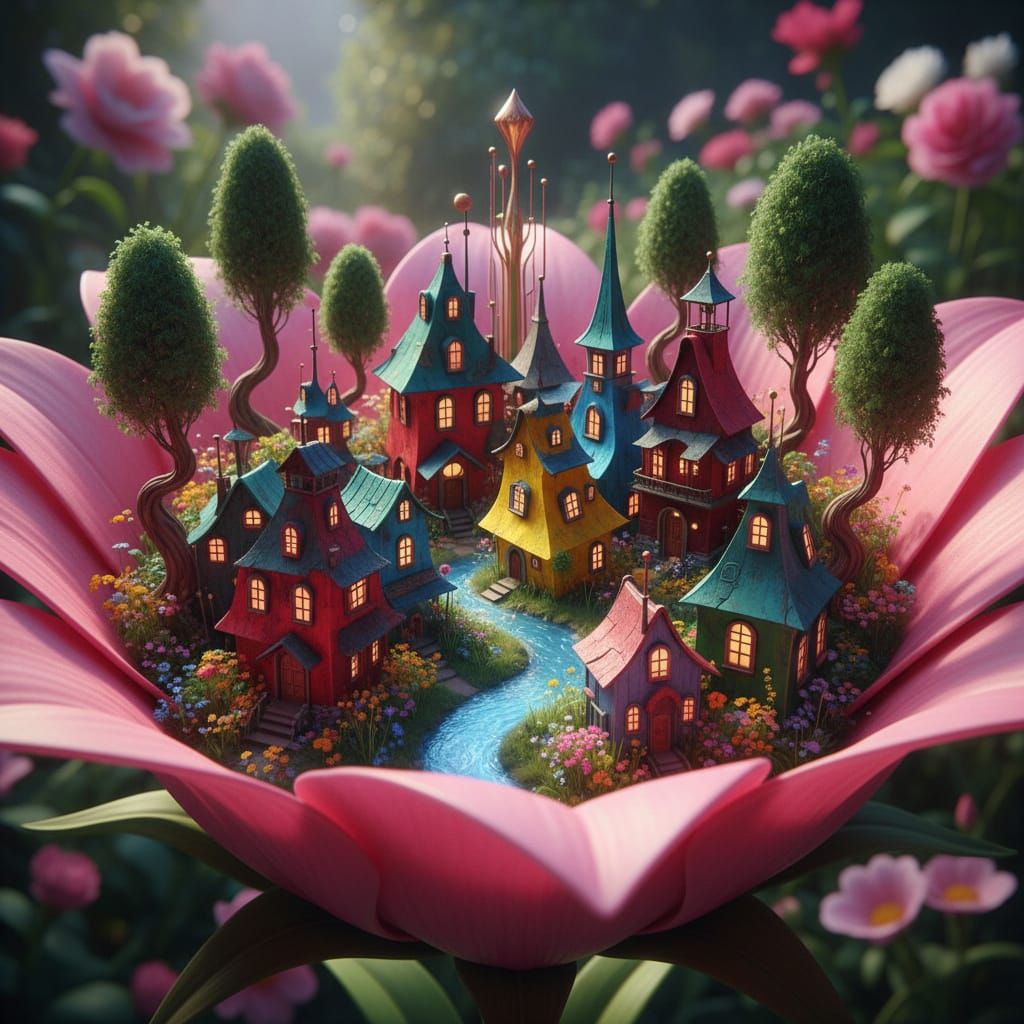 Miniature Village Inside Pink Flower, Detailed Render