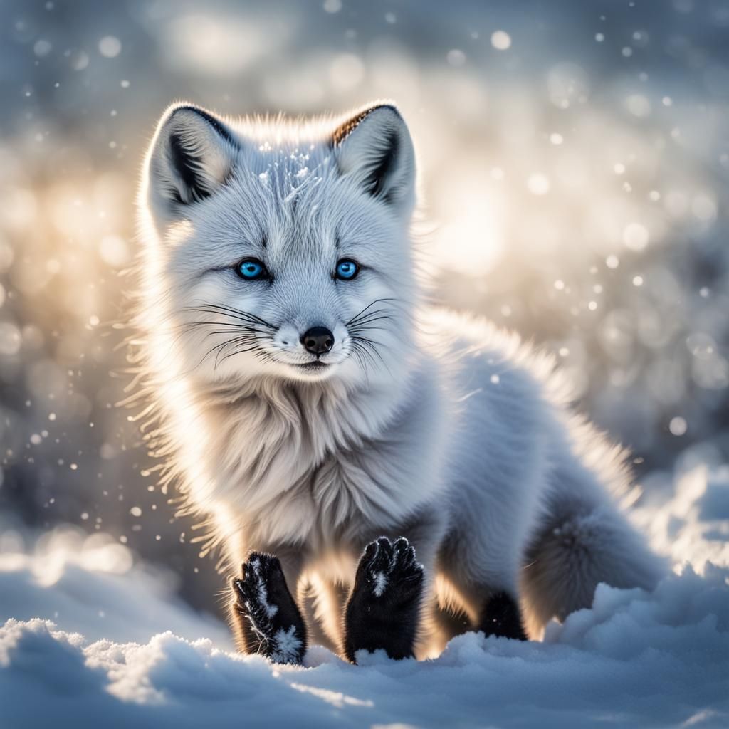 Arctic Fox Cub Playing in Snow: Hyperrealistic Image