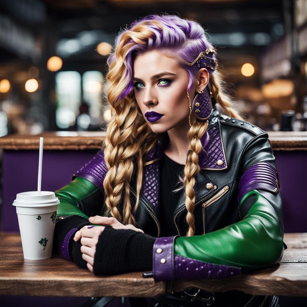 Valkyrie with Viking Features Drinking Coffee