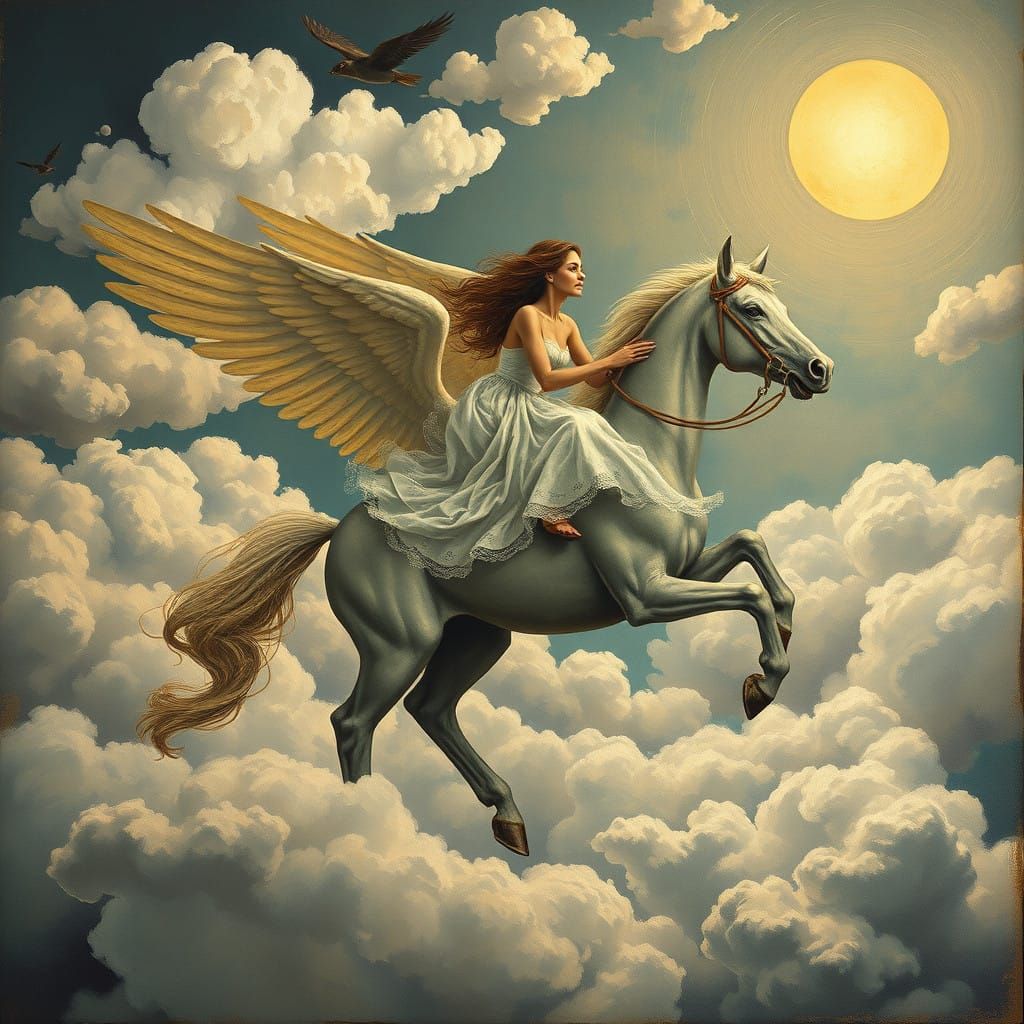 Surrealist Dreamscape with Winged Horse in Ethereal Skies