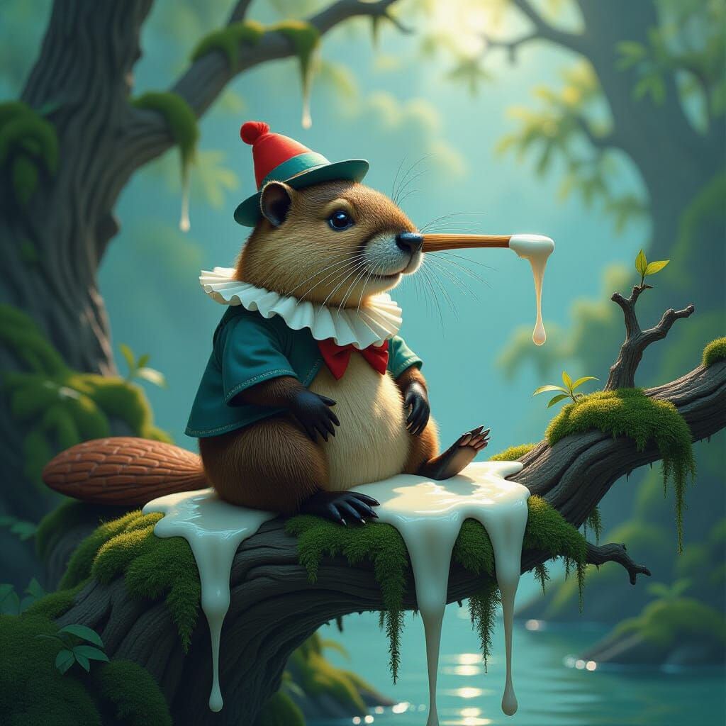Surreal Beaver-Bird Pinocchio Drips Milk on Branch