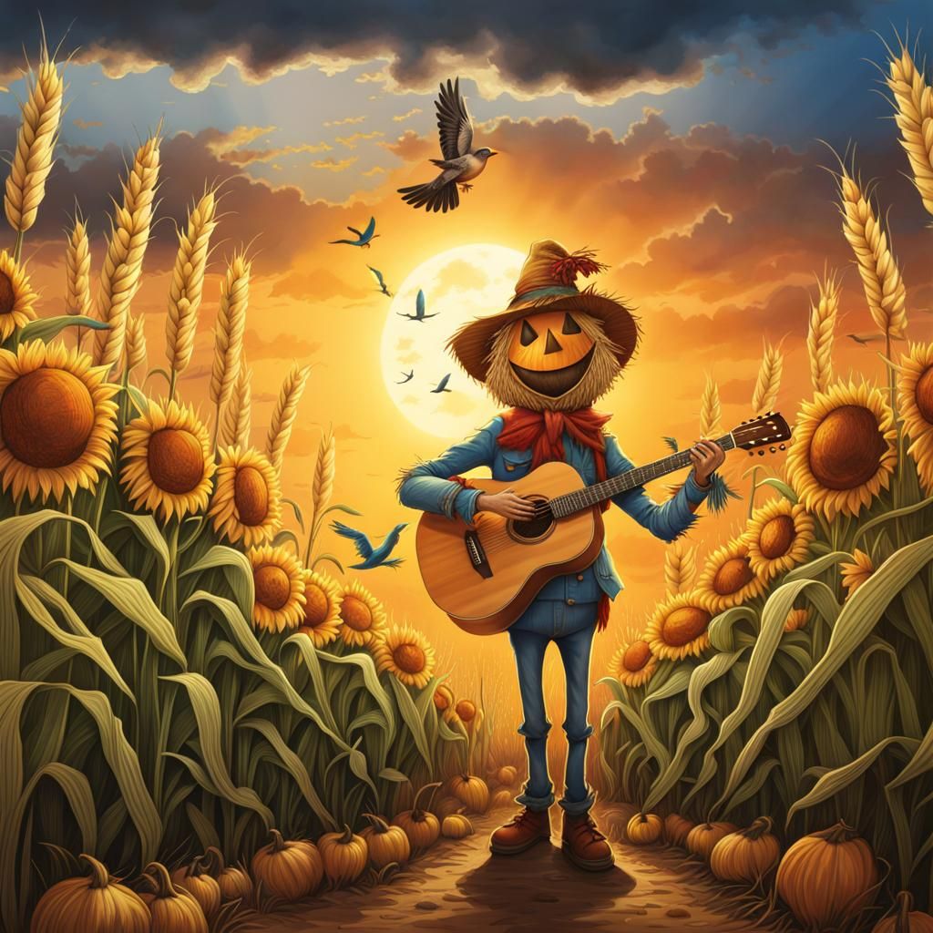 Singing Scarecrow, playing guitar, in a cornfield, a bird on his hat, ultra hd, realistic, vivid colors, highly detailed...