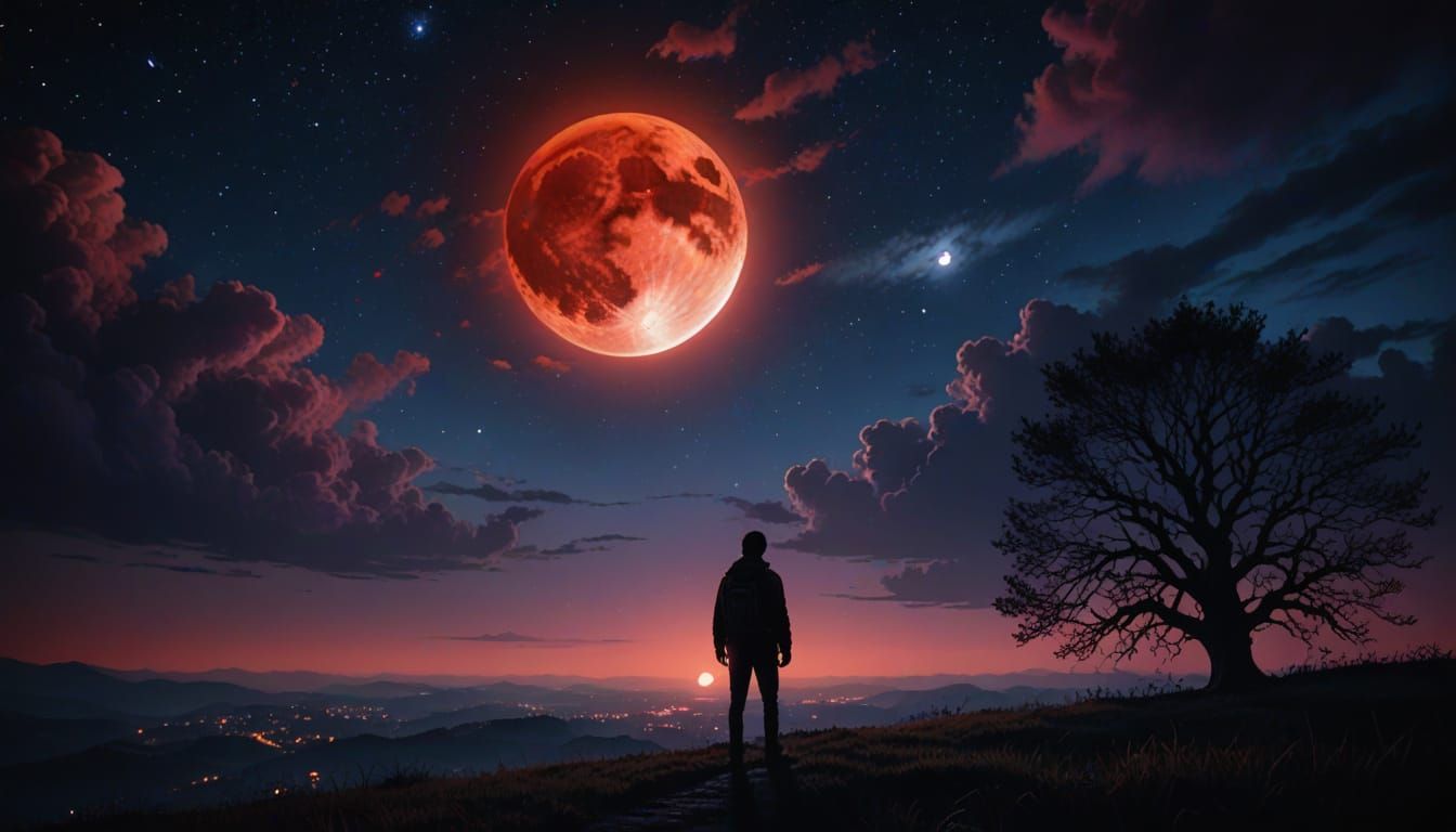 Man Gazes at a Shining Red Blood Moon