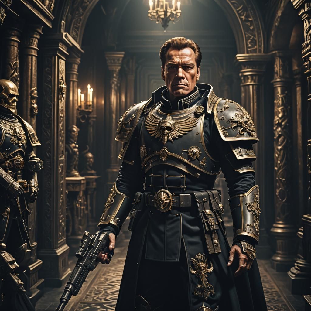 Cyberpunk-Inspired Warhammer 40k Officer in Gothic Chamber
