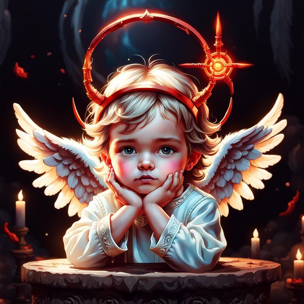 stunning image of a cute adorable angel with halo, holding hands over eyes, hiding, devil,angel,child lucifer sitting ...