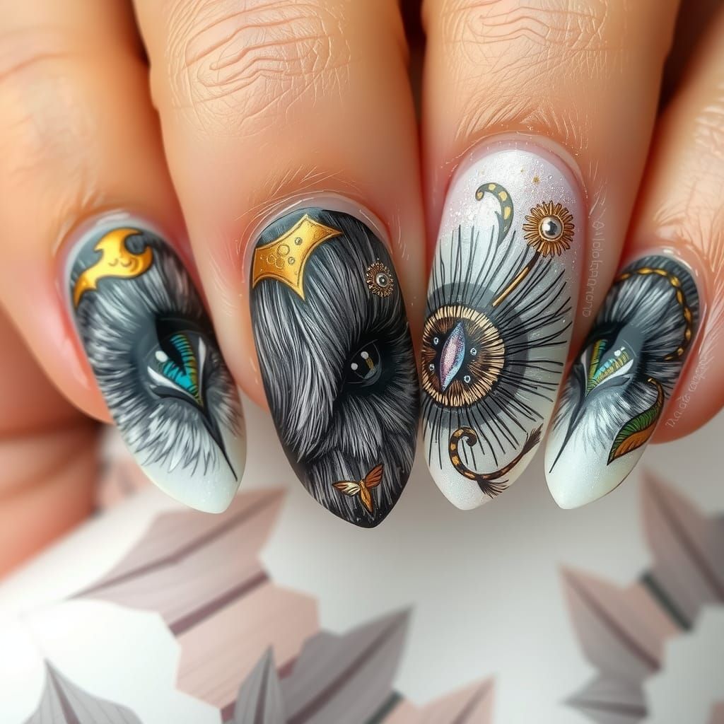 Ornate Nail Art with Animal Fur and Irises