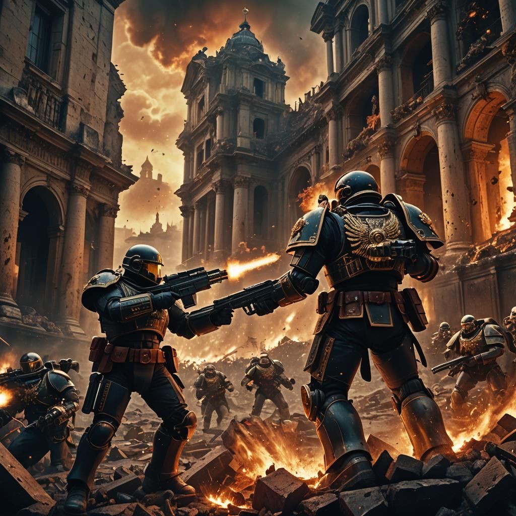 Guardsman and Space Marine Battle in Baroque Ruins