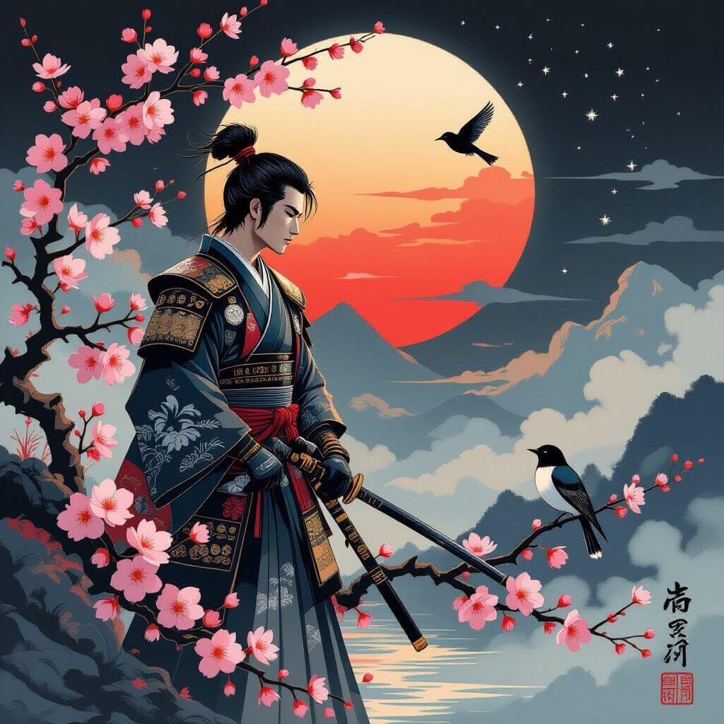 Gay Samurai in Cherry Blossoms at Sunset, Ukiyo-e Style