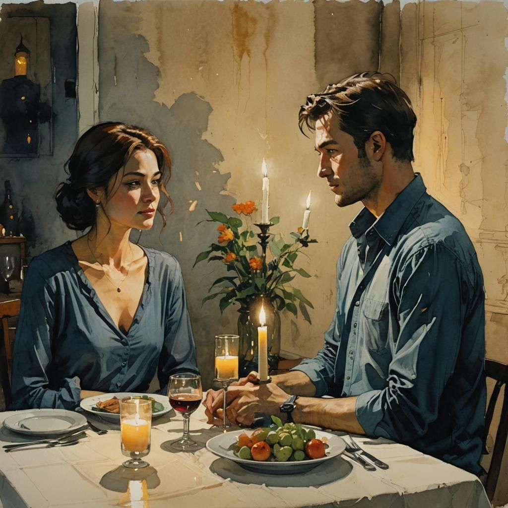 Couple's Romantic Dinner in Comic Book Style