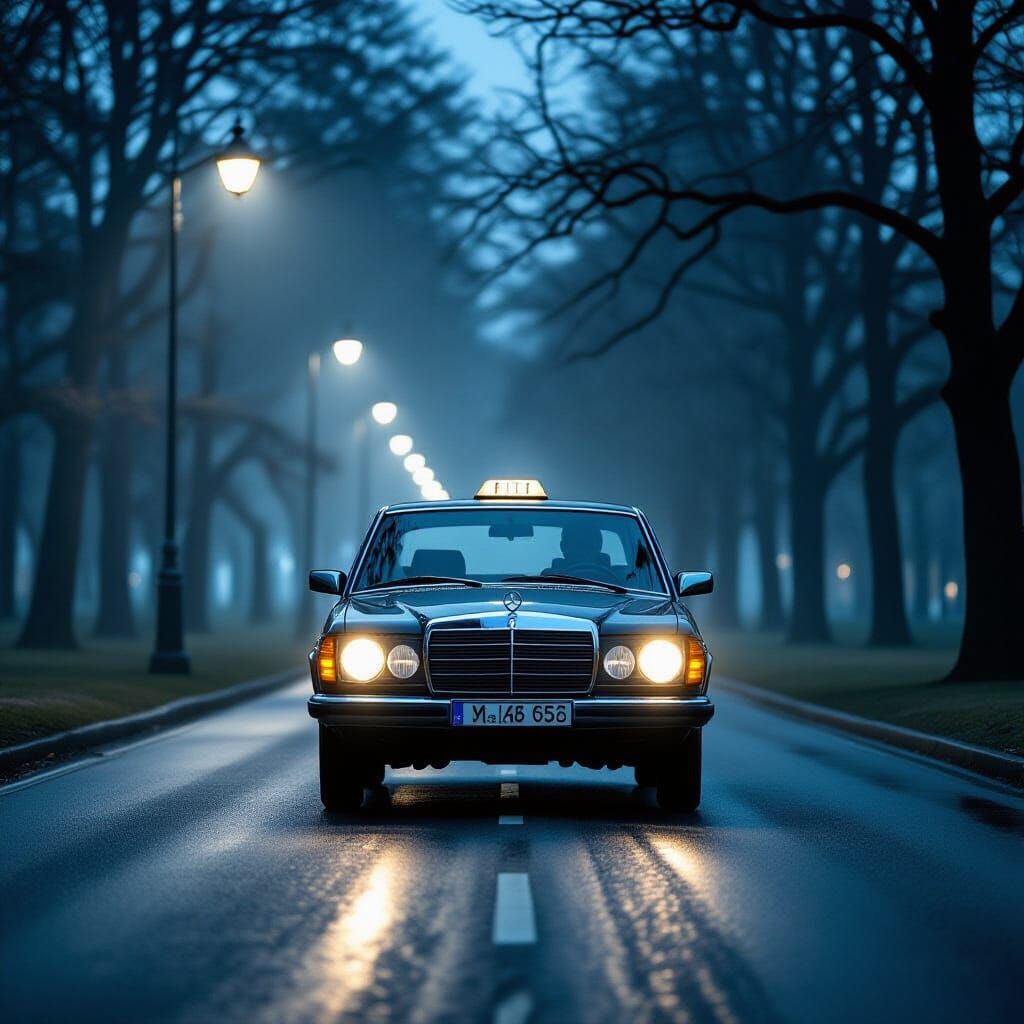 Vintage Taxi in Misty Park at Night