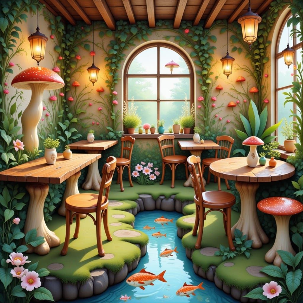 Whimsical Cafe Interior with Mushroom Chairs and Driftwood T...