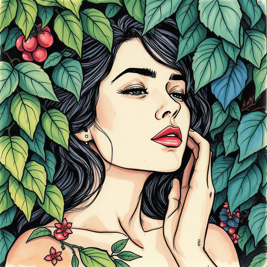 Contemplative Woman Surrounded by Lush Foliage