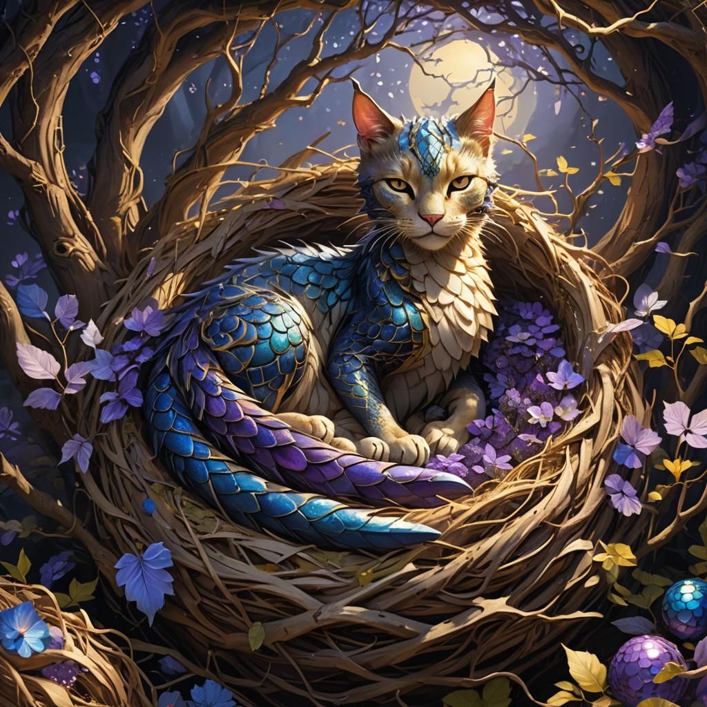 Cat Dragon Asleep in Nest: Fantasy Concept Art