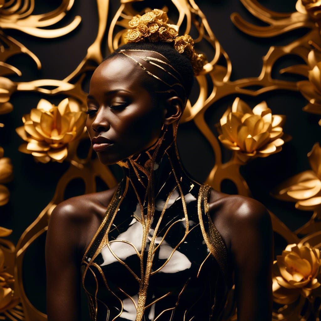 Futuristic Kintsugi Portrait of Woman with Ceramic Skin