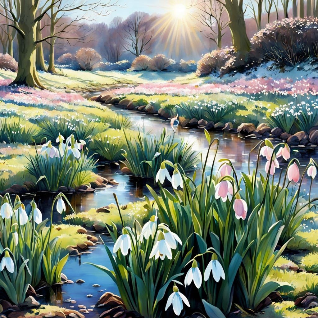 Blooming Spring Landscape in Watercolor