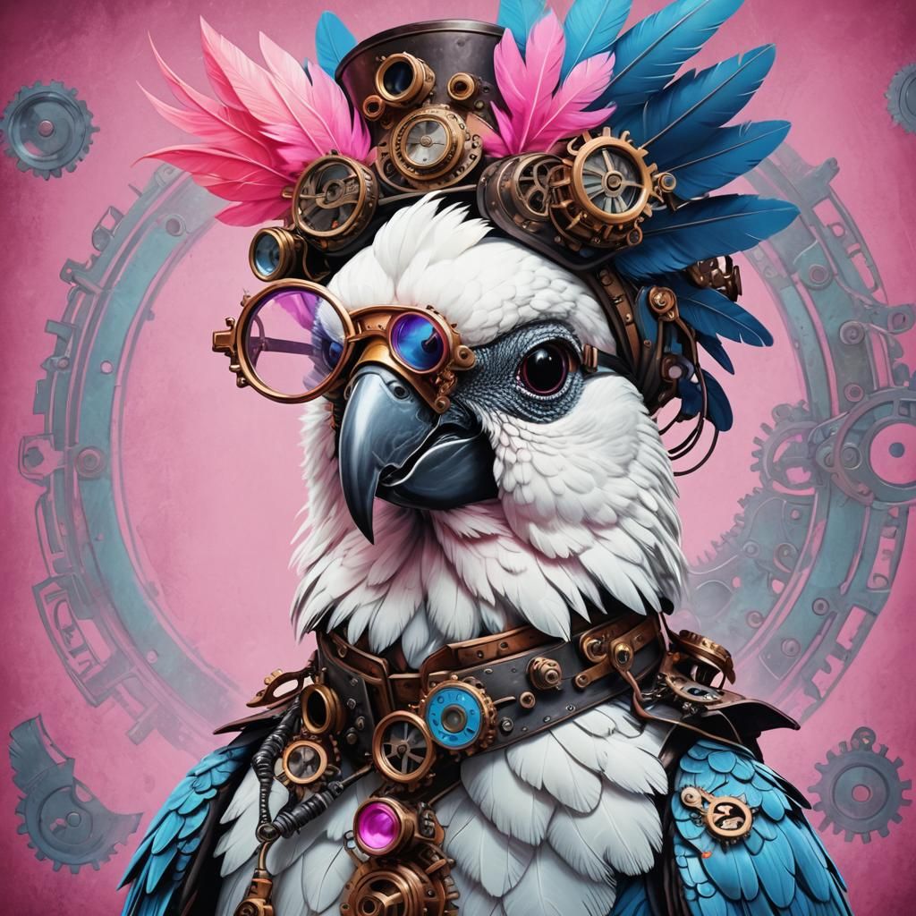 Steampunk Cockatoo Portrait in Vibrant Colors