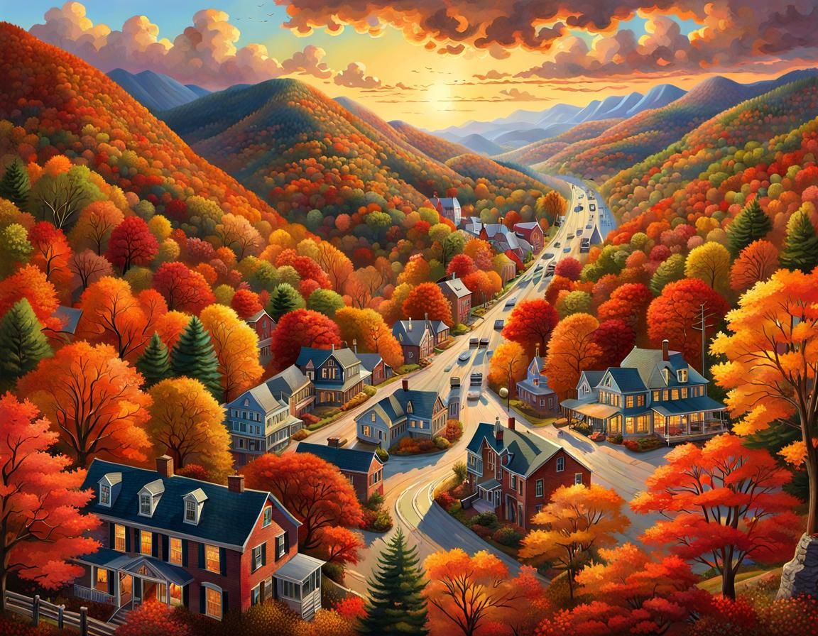 Appalachian Town in Autumn: Gouache Style Digital Painting