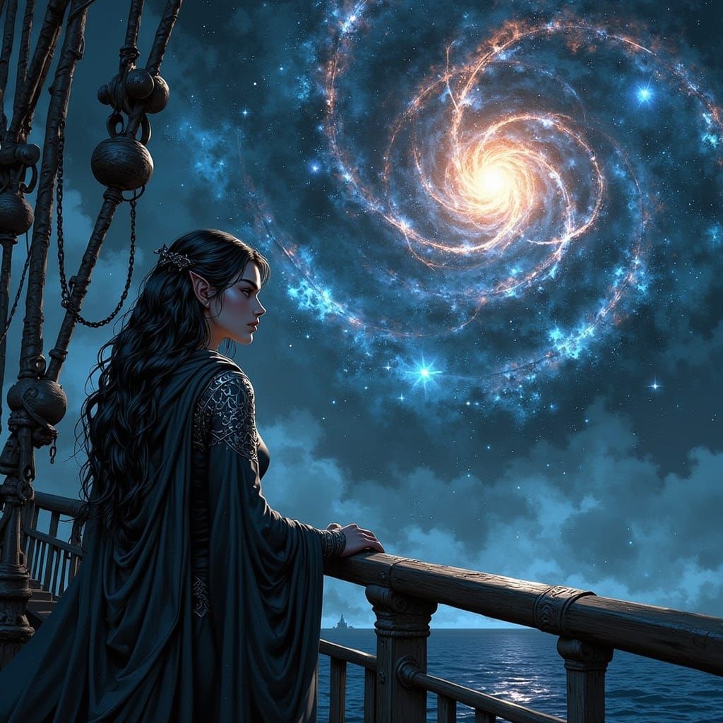 Elf Captain on Spectral Galleon in Nebula