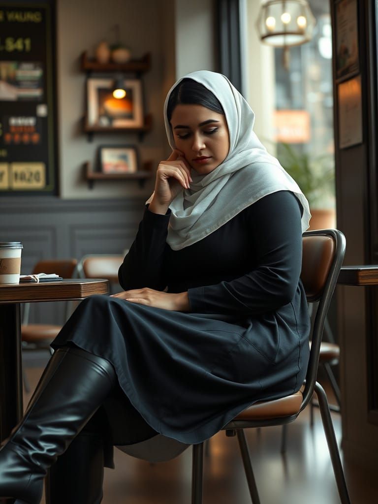 Sorrowful Hijabi Woman in a Cafe