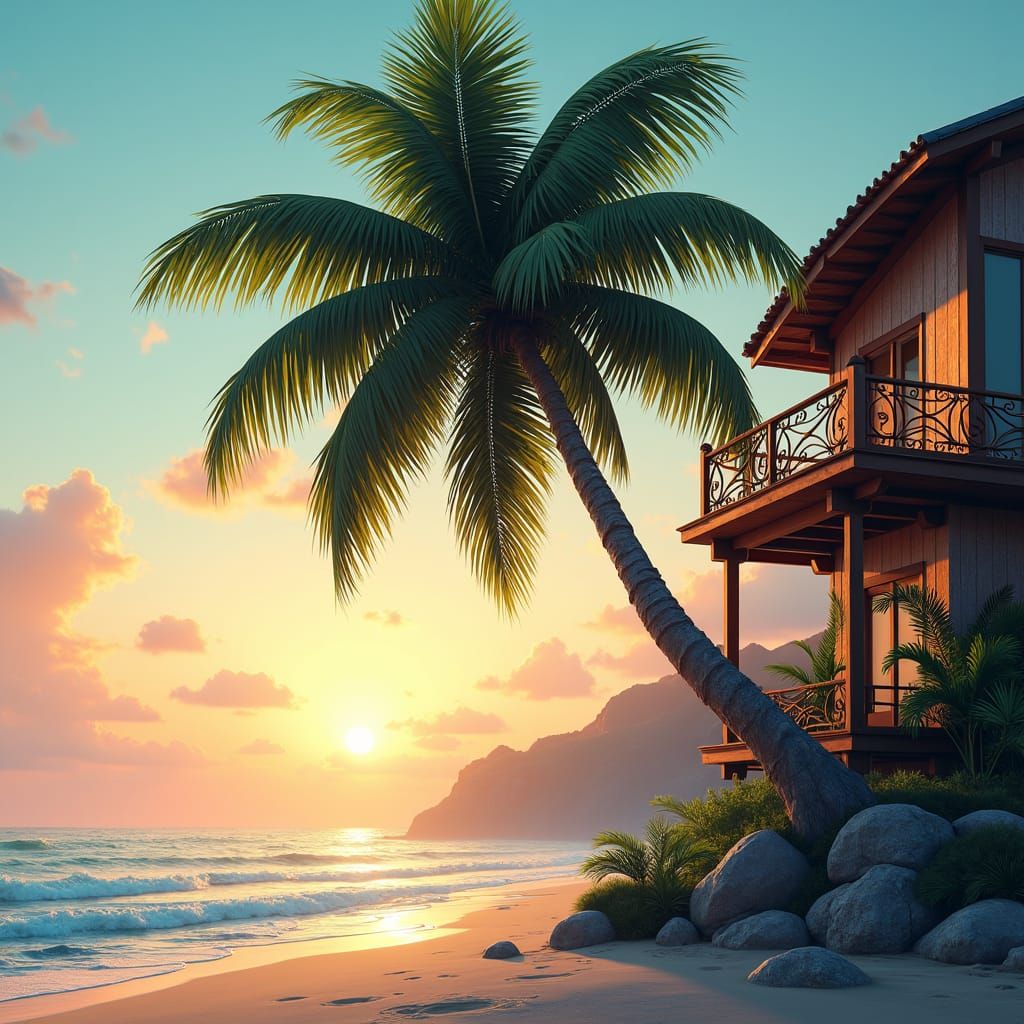 Palm Tree at Beach House in Fantasy Sunrise
