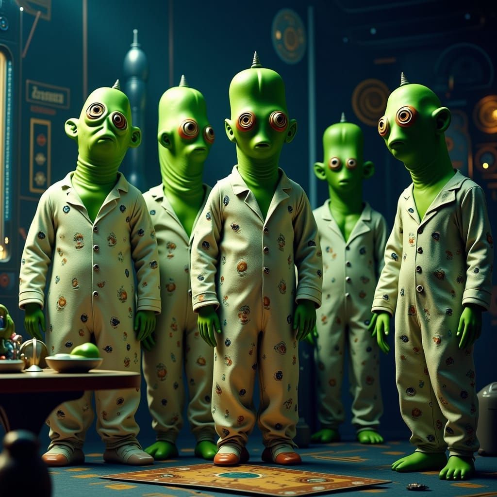 Sci-fi pajama party in space with a group of green Pickelian...