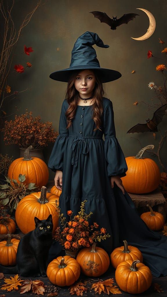 Enchanting Autumn Witch with Cat and Pumpkins